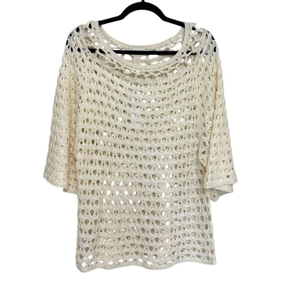 NEW Chico's Linen Blend Knit Crochet Pullover in Natural Cream - Size 2 (L)